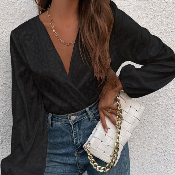 Leopard Print Surplice Puff Sleeve Satin Bodysuit - Picture 2 of 6